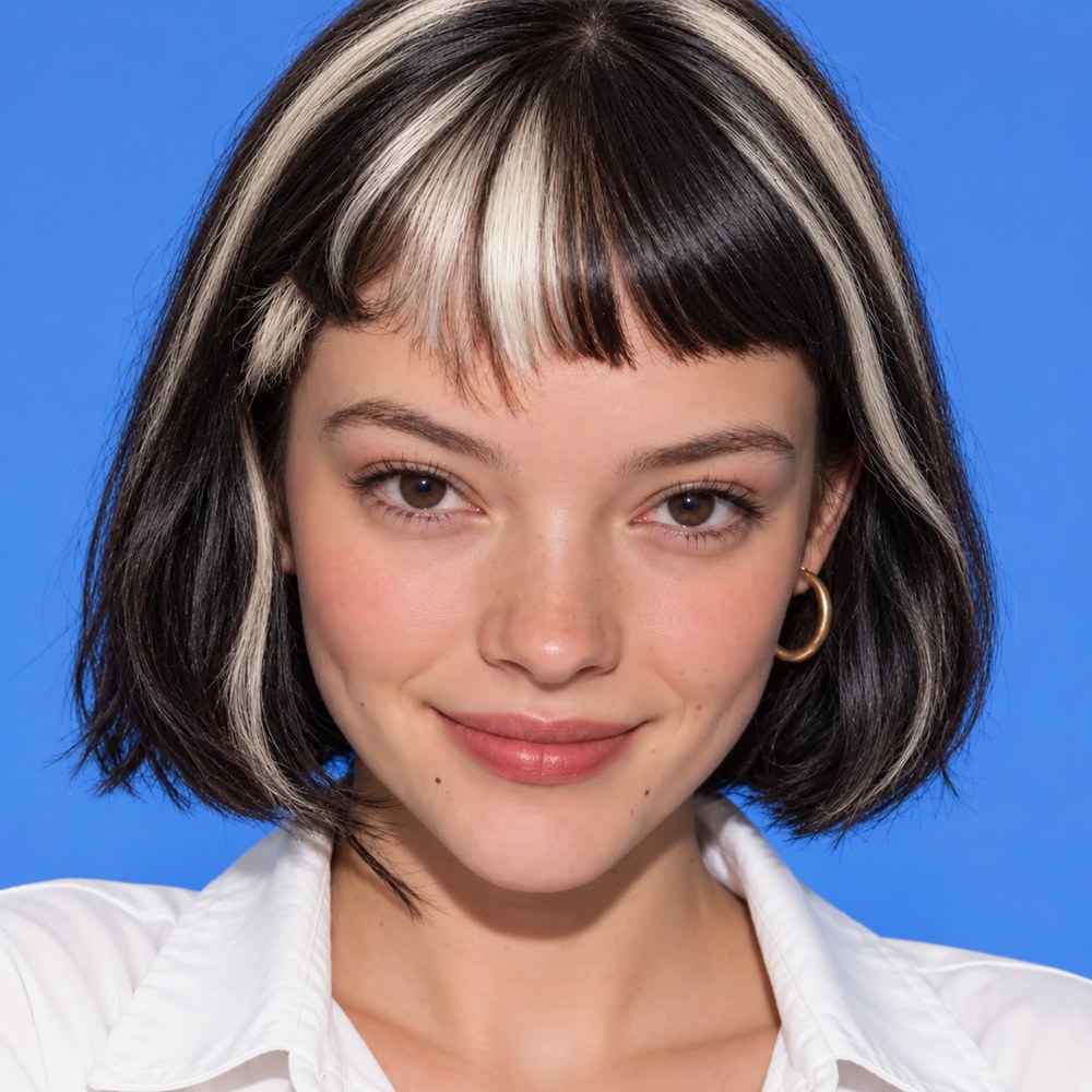 CHATDIA, a girl with a black bob and cream streaks, smiling softly